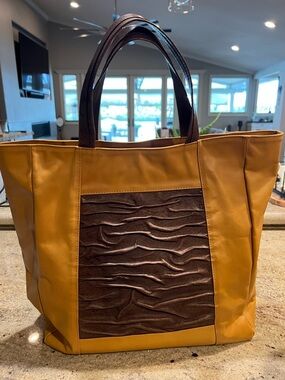 Stylish Leather Two-Tone Mustard and Dark Brown Tote Bag -